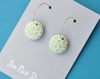 Blue leopard print hoop earrings - pastel statement earrings made with hand painted wooden beads.