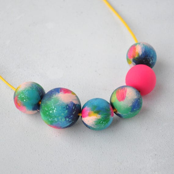 Multicolour blue bead necklace in arty pattern, hand painted beads.