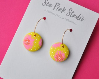 Yellow and pink flower earrings, hand painted wooden earrings in a bold floral design