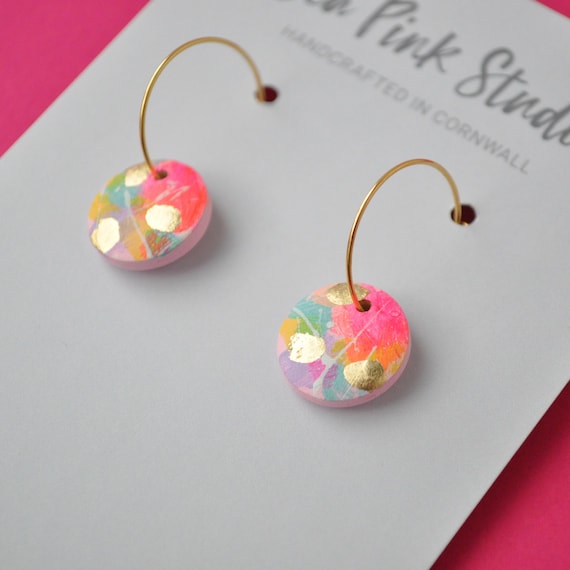 Arty abstract wooden colourful pink hoop earrings