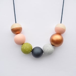 Wooden bead necklace, pastel jewellery, hand painted necklace in copper, green and blush pink