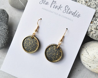 Black and Gold Speckled Earrings, modern wooden earrings in a black granite colour with gold hoops overlaid