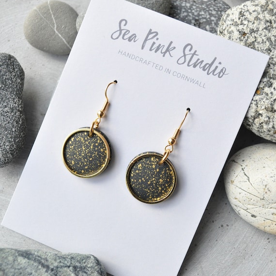 Black and Gold Speckled Earrings: Coastal Jewellery, Handmade in Cornwall