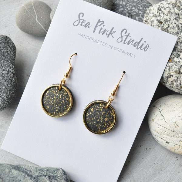 Black and Gold Speckled Earrings, modern wooden earrings in a black granite colour with gold hoops overlaid