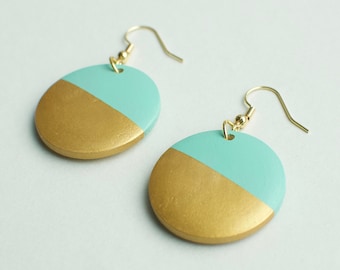 Green and gold earrings - mint green earrings with geometric design, hand painted wooden beads.