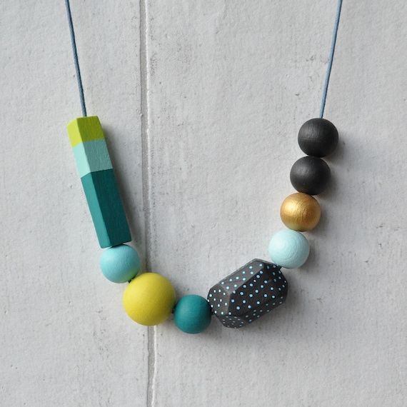 Black and green necklace, wooden beads hand painted in jewel colours.
