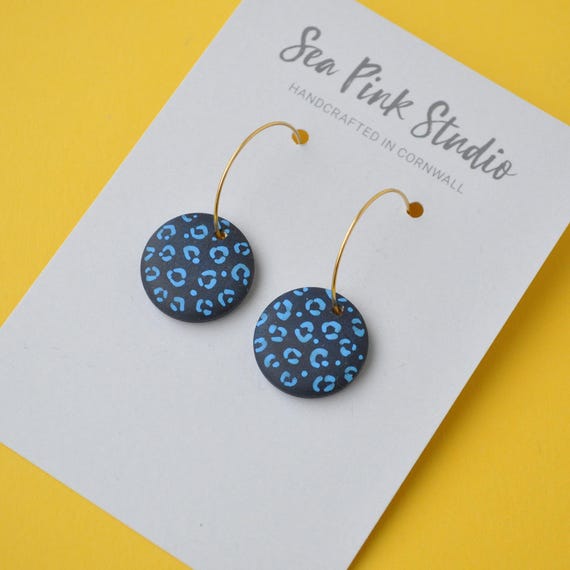 Navy blue leopard print hoop earrings - colourful statement earrings made with hand painted wooden beads.