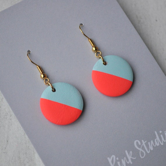 Mini neon red and pale blue dip earrings, hand painted fluorescent earrings