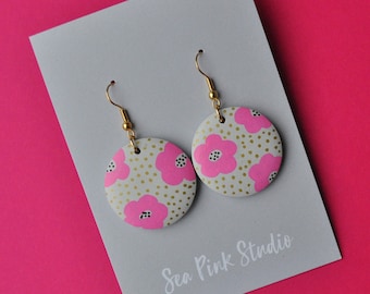 Fun Pink Flower Earrings - hand painted wooden earrings in a bold spotty design