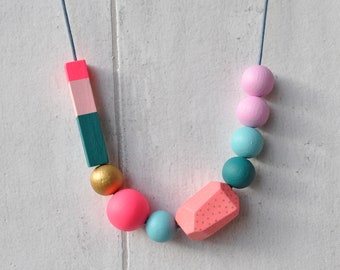 Pink and green necklace, wooden beads hand painted in jewel colours.