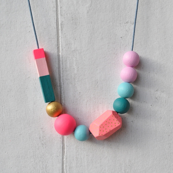 Pink and green necklace, wooden beads hand painted in jewel colours.
