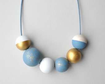 Blue Grey and Gold Wooden Bead Necklace - hand painted design in coastal colours