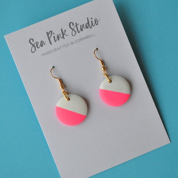 Mini neon pink and pale grey dip earrings, hand painted fluorescent earrings