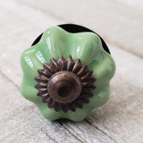 Ceramic Flower Knobs Green Drawer Knobs Vintage Inspired Etsy
