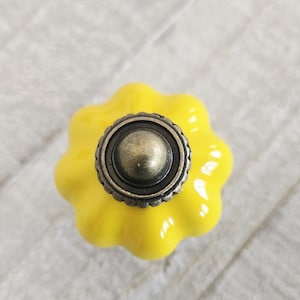 以下が含まれることがあります： 明るい黄色のセラミック製キャビネットノブ。縁はスカラップデザイン。ノブの中央は暗いアンティーク調の金属。引き出しやキャビネット用の金具である可能性が高い。ノブは装飾的なアクセントです。