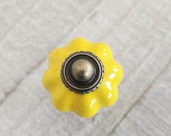 Yellow Ceramic Flower Drawer Knob, Pumpkin Door pull