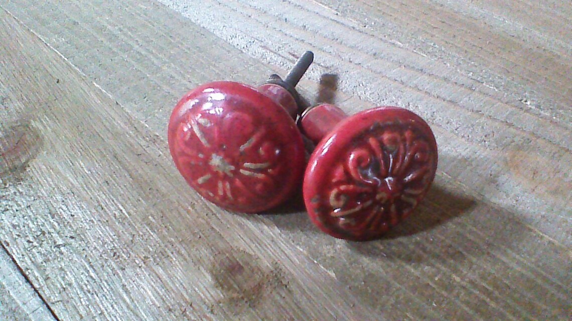Ceramic Red Drawer Knobs Distressed Vintage Inspired Knobs Etsy