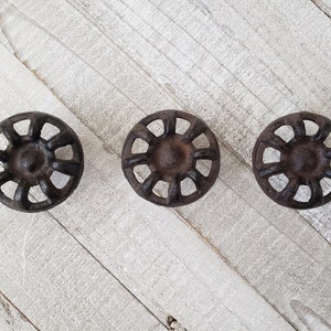 SET OF 3 Rustic Brown Faucet Drawer Knobs, Distressed Farmhouse Handles Industrial Dresser Pulls Rustic Desk Cabinet Cast Iron Steampunk