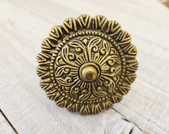 Gold Flower Drawer Knob, Antique Brass Cabinet Handle, 2 1/4"