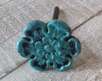 Cast Iron Flower Knobs, Rustic Turquoise Drawer Knobs, Distressed Knobs, Farmhouse Handles, Dresser Drawer Pulls, Rustic Desk Cabinet, 1.5"