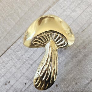 Op de afbeelding: Een gouden, paddenstoelvormig decoratief object. De paddenstoelkap is glad en afgerond, terwijl de steel een textuur met ribbels heeft. Het object is gemaakt van een glanzend, metalen materiaal en ligt op een lichtgrijze houten ondergrond.