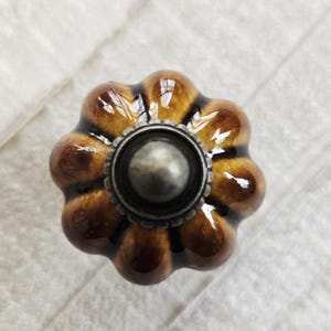 May include: A decorative cabinet knob with a flower-like design. The knob features a glossy, brown, and tan finish with a silver-colored metal center and trim. The knob is likely made of ceramic or porcelain.