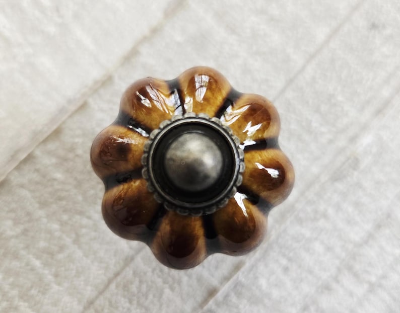 May include: A decorative cabinet knob with a flower-like design. The knob has a glossy, brown, and tan finish with a silver-coloured metal centre and trim. The knob is likely made of ceramic or porcelain.