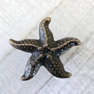 May include: A bronze-coloured metal starfish-shaped cabinet knob or drawer pull. The starfish has a textured surface and a slightly distressed finish.
