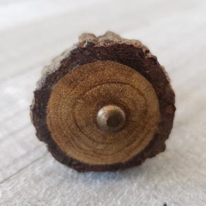 以下が含まれることがあります： 濃い茶色の外輪と明るい茶色の中心を持つ木製のノブ。ノブの中央には金属製のピンがあります。