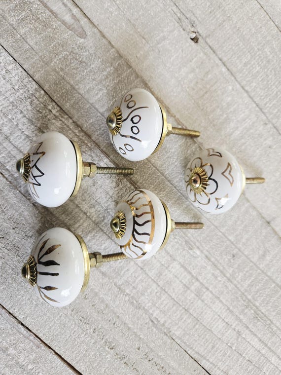 gold and white dresser knobs Set of 5 Cabinet Knobs: Round Drawer Pulls funky drawer knobs