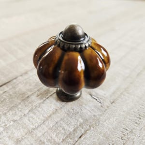 May include: A pumpkin-shaped cabinet knob in glossy brown ceramic, with a metallic silver base and top. This decorative knob is suitable for furniture. The knob's design is reminiscent of a pumpkin.