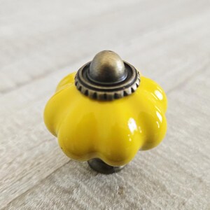May include: A bright yellow ceramic cabinet knob with a flower-like shape. The knob has a bronze-coloured base and a decorative metal cap. This decorative hardware is suitable for drawers and cabinets.