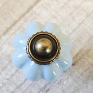 May include: A light blue ceramic cabinet knob with a scalloped edge design. The knob has a brass-colored center and a decorative, vintage-inspired look. The knob is approximately 1.5 inches in diameter.