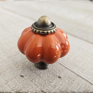 Op de afbeelding: Oranje keramische kastknop in de vorm van een pompoen, met een bronzen basis en bovenkant. De knop heeft een glanzende afwerking en is ontworpen om op een pompoen te lijken.