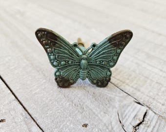 Butterfly Drawer Knobs: Green Distressed Whimsical Cabinet Pulls