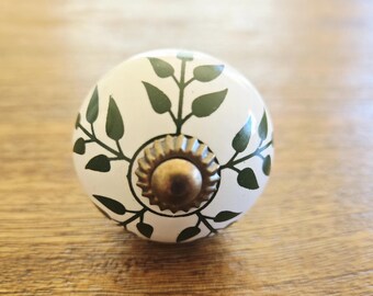 Flower Drawer Knob: White & Green Cabinet Pull