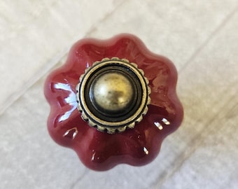 Red Ceramic Flower Knob, Vintage Farmhouse Dresser Drawer Pull