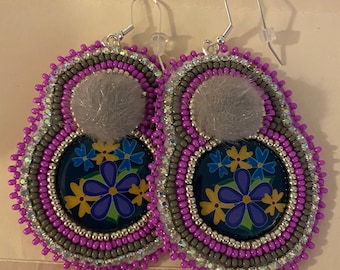 Handmade beaded earrings. Indigenous beading.   Métis flower Powwow