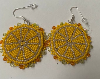 Handmade beaded earrings. Indigenous beading. Lemon
