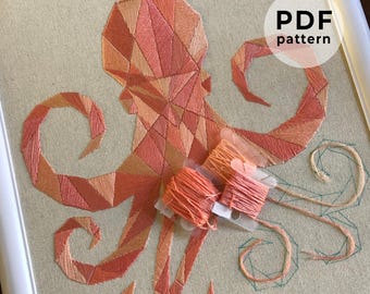 May include: A geometric octopus embroidery pattern with a PDF pattern label. The embroidery is done in shades of pink and orange on a beige fabric.