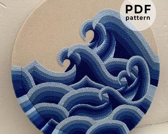 May include: A blue and white embroidery pattern of a wave on a round canvas. The pattern is for a PDF download.