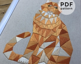 May include: A geometric pattern of an orange cat sitting with its tail curled around its body. The cat is made up of triangles in shades of orange, white, and beige. The image is labeled "PDF pattern".