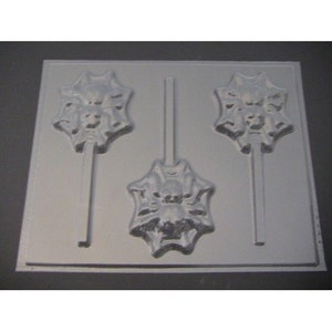 May include: A clear plastic mold for making spider-shaped lollipops. The mold has three spider designs with lollipop stick slots. The spider design has a detailed spider face and body. The mold is on a gray surface.