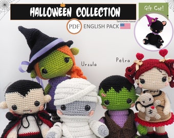 PACK 3 Crochet Patterns / Halloween Amigurumis - Dracula, Frankenstein, Mummy, Voodoo and Witch dolls • Tarturumies Tutorial in ENGLISH PDFs