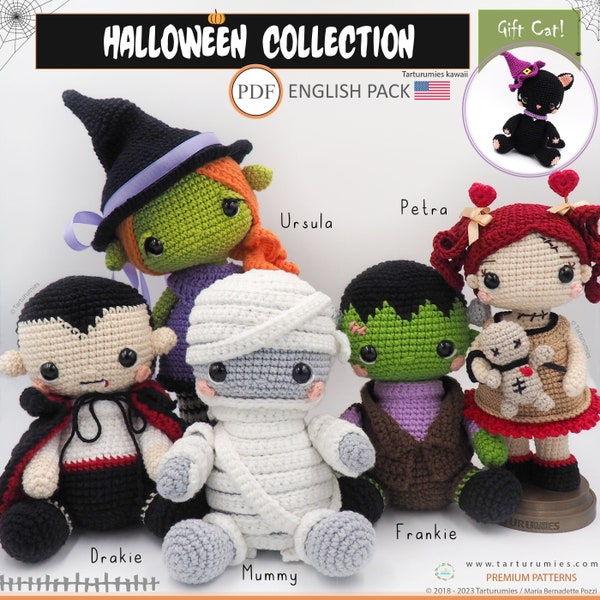 PACK 3 Crochet Patterns / Halloween Amigurumis - Dracula, Frankenstein, Mummy, Voodoo and Witch dolls • Tarturumies Tutorial in ENGLISH PDFs