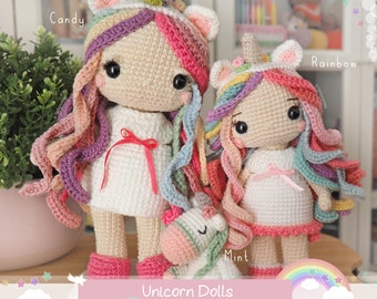 PACK 2 Crochet Patterns / Amigurumis Unicorn Dolls - Candy, Mint and Rainbow • Tarturumies Tutorial in ENGLISH PDF files