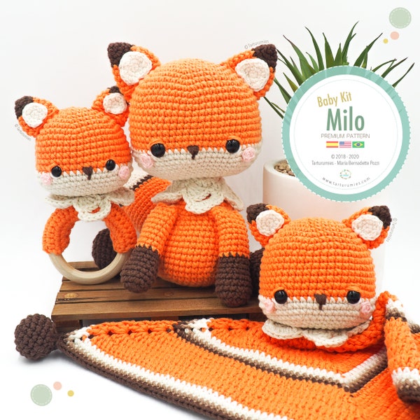 Amigurumi Baby Kit Fox Milo (fox, baby blanket and rattle) / Tarturumies Crochet Pattern PDF •  (Spanish - English - Portuguese) •