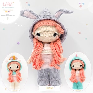 Amigurumi Lara Doll - Costumes: Bunny, Unicorn and Dinosaur • Tarturumies Crochet Pattern PDF (Spanish - English)