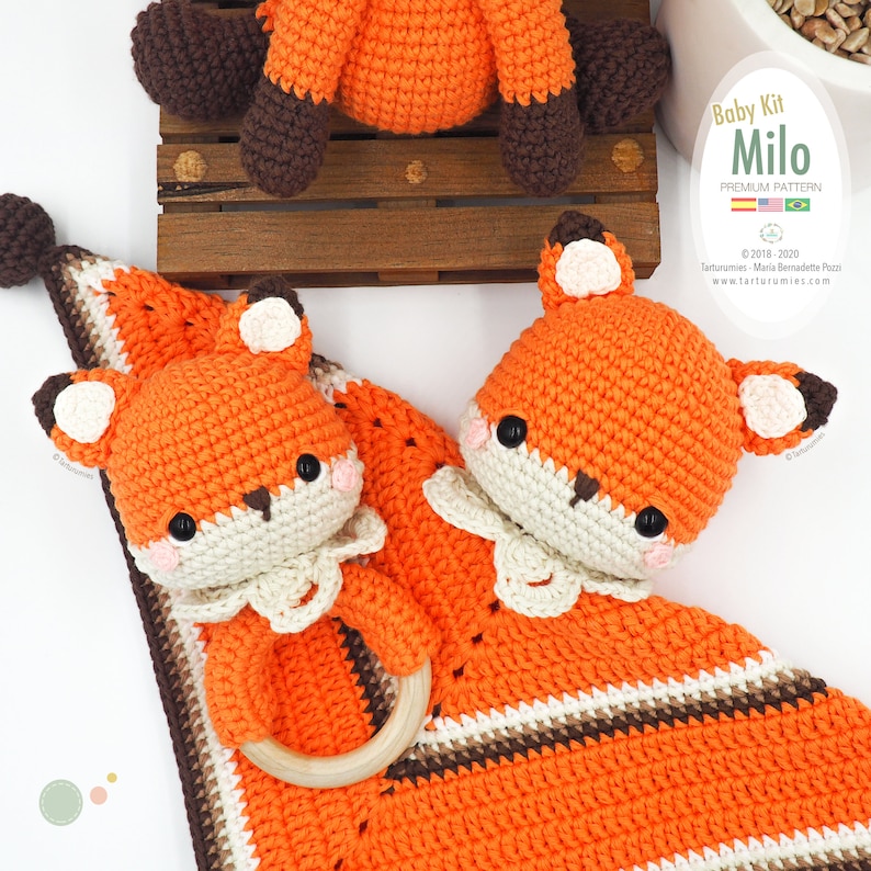 Amigurumi Baby Kit Fox Milo fox, baby blanket and rattle / Tarturumies Crochet Pattern PDF Spanish English Portuguese image 5