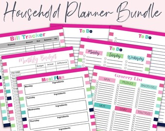 Printable Planner Pages, Household Planner, Monthly Budget, Bill Tracker, Meal Planner, Grocery List, Weekly Agenda, Printables, PPS101